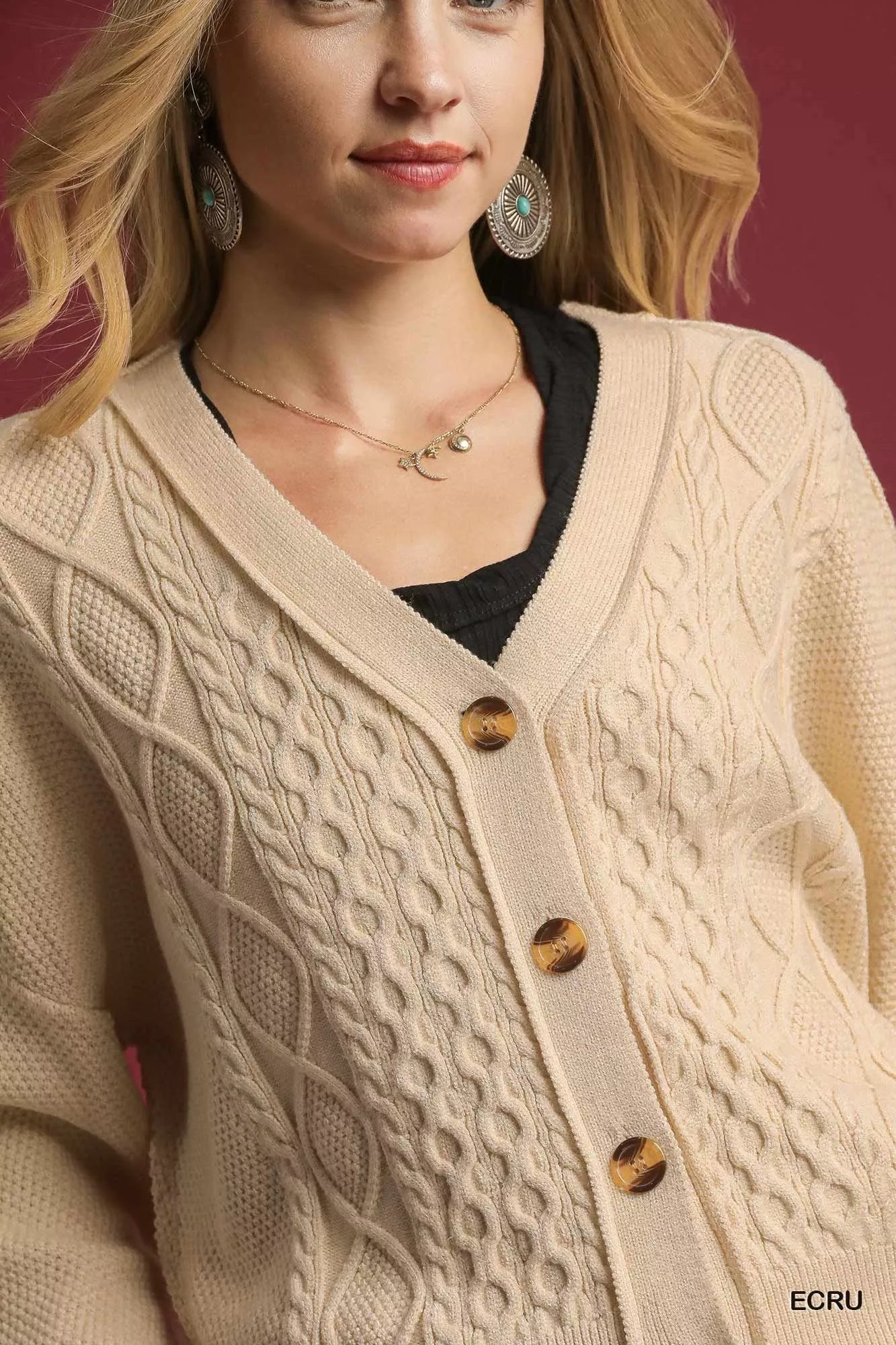 Umgee Ecru Chunky Cable Knit V-Neck Button-Up Cardigan