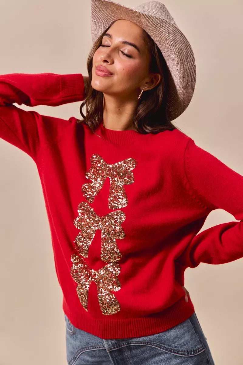 SO ME Red & Gold Sequins Bow Ribbon Embellished Christmas Sweater