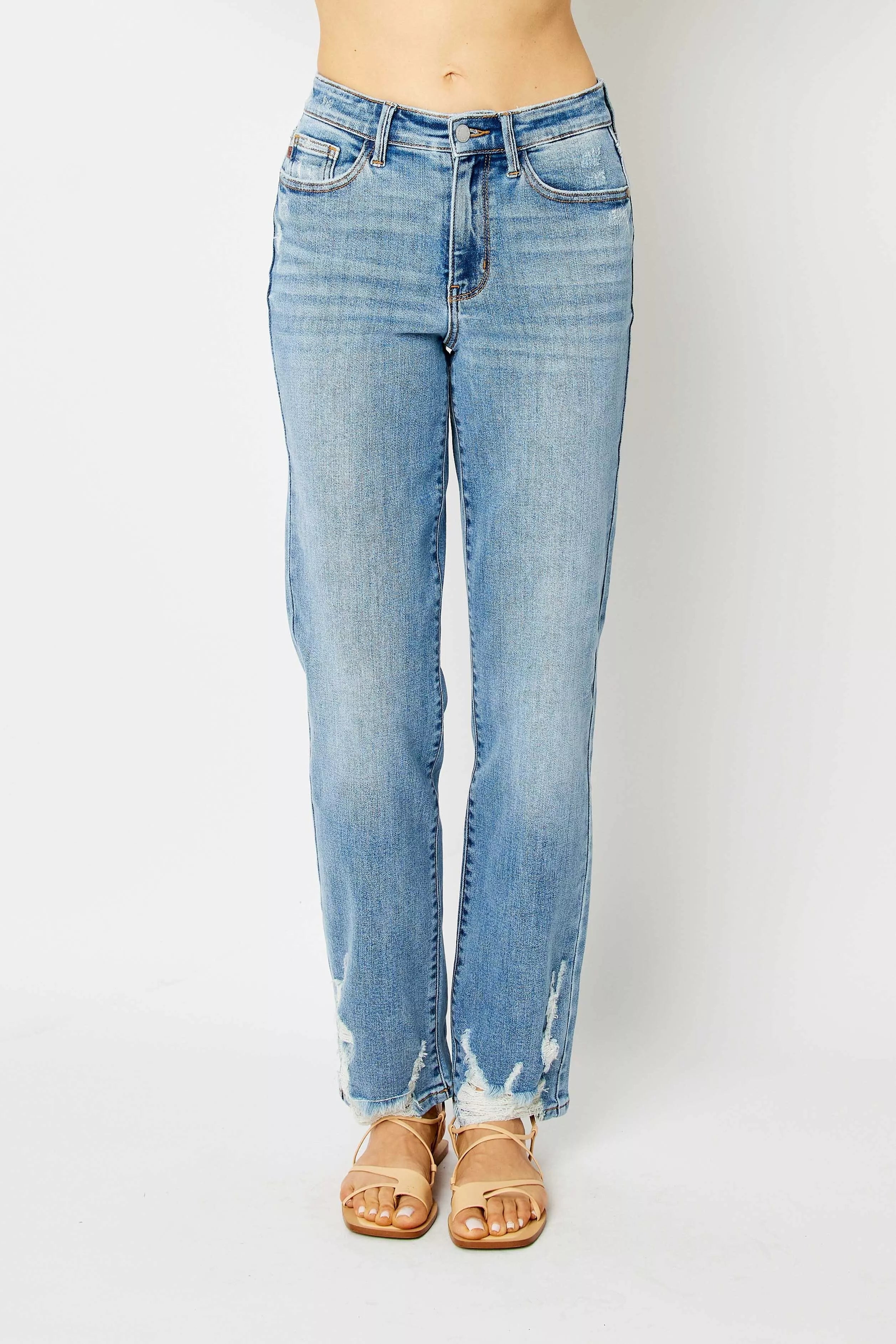 Judy Blue Medium Washed High Waist Straight Jeans with Heavy Destroy Hem