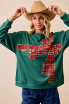 BiBi Plaid Ribbon Bow Detail Christmas Fleece Pullover – Green/Red Plaid
