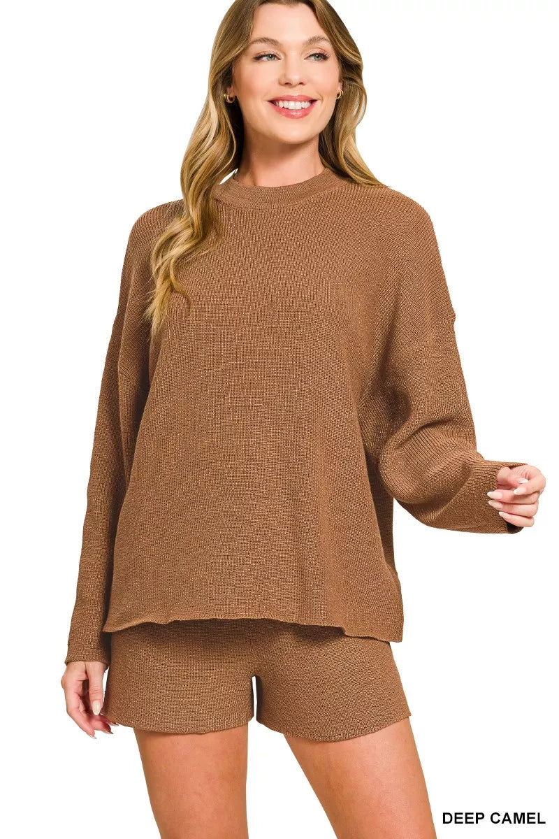 Zenana Deep Camel Round Neck Knit Top and Shorts Sweater Set DEEP CAMEL