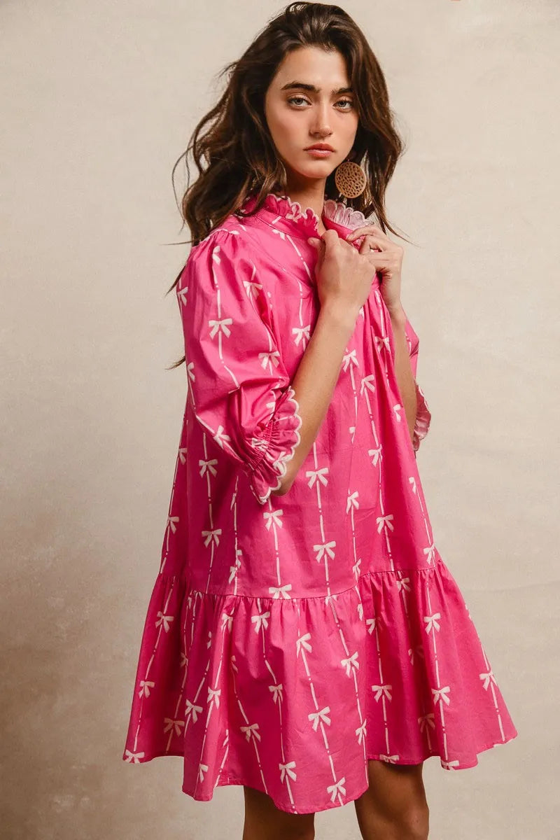 BiBi Fuchsia Ribbon Pattern With Scallops Edge Details Dress