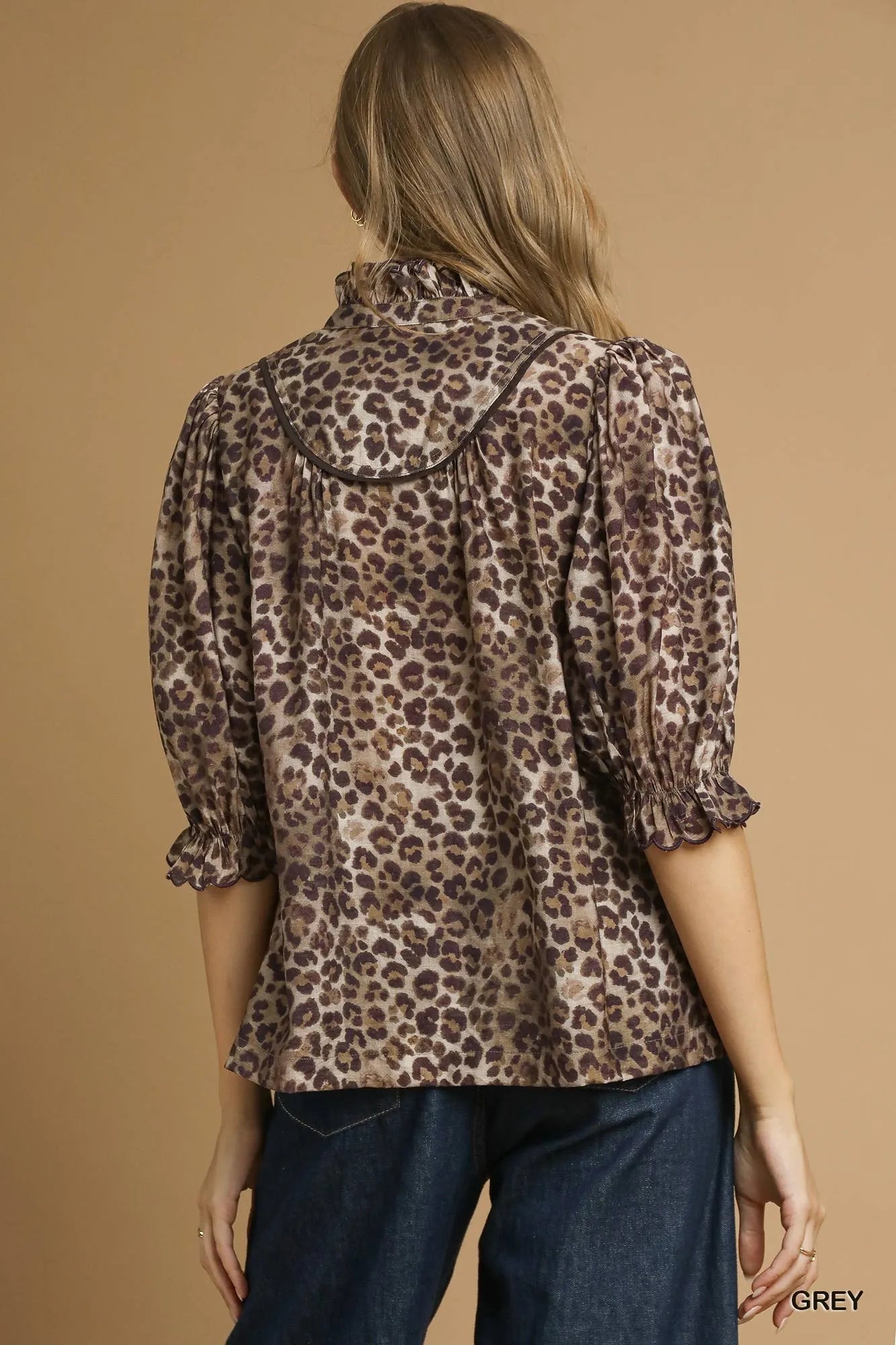 Umgee Grey Leopard Print Ruffle Neck Blouse