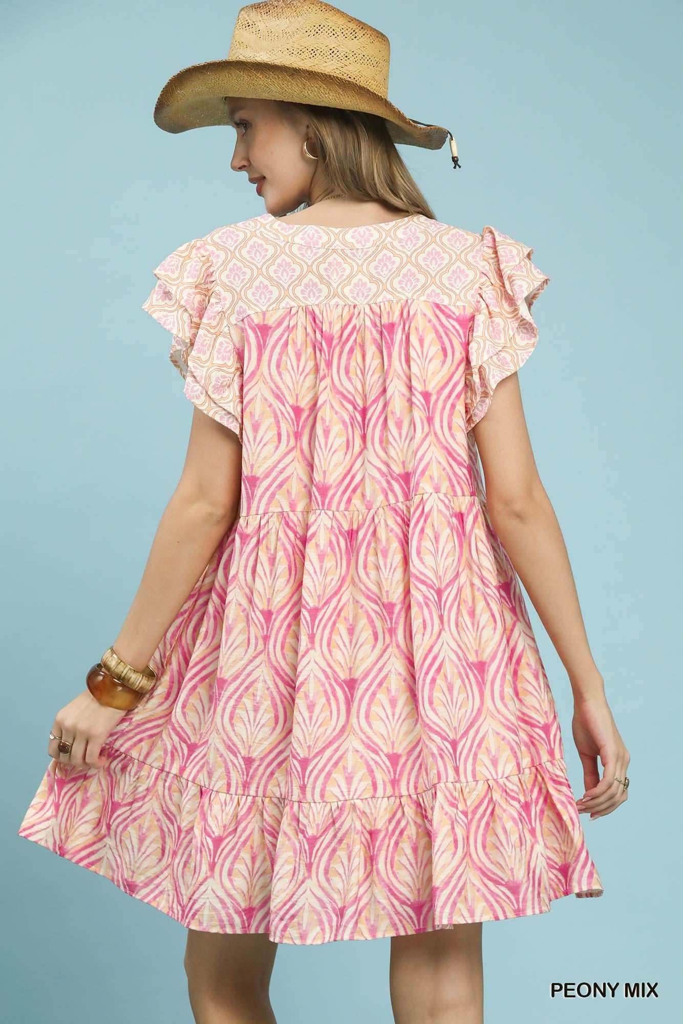 Umgee Peony Pink Mix Printed Flutter Sleeve Dress