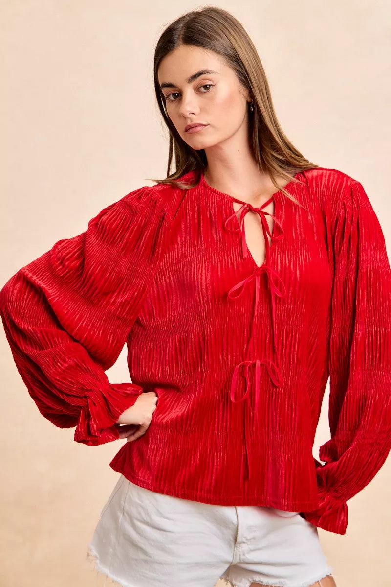 BiBi Red Christmas Theme Velvet Bow Tied Top With Neck Drop RED