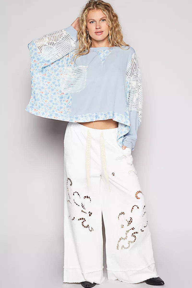 POL Sky Blue Round Neck Cropped Gauze Floral Pattern Top with Overlock Stitch Detail