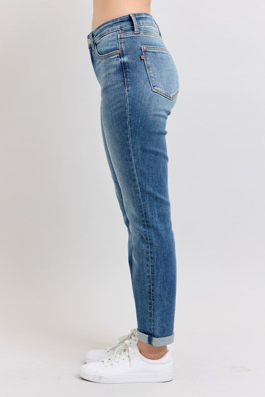 Judy Blue Dark Washed Mid Rise Skinny Cuff Jeans with Pockets