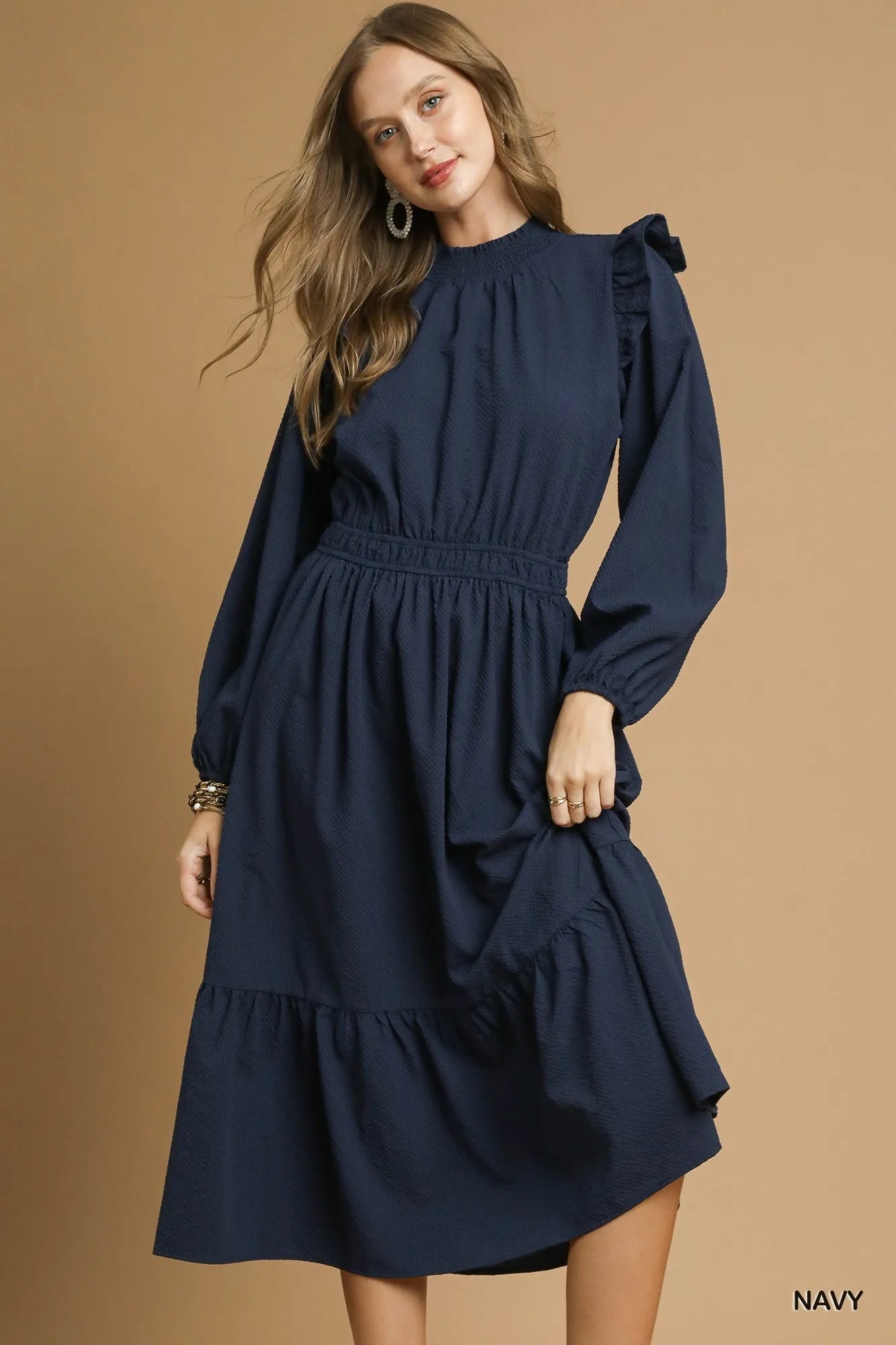 Umgee Navy Textured Midi Dress with Ruffle Shoulder Detail Navy