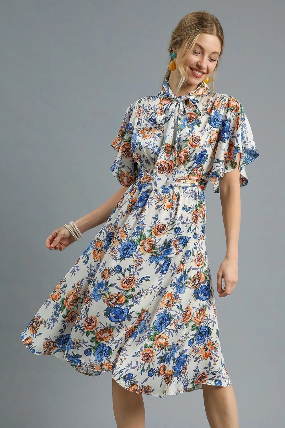 Umgee Royal Blue Flutter Sleeve Bow Tie Floral Midi Dress Royal Blue