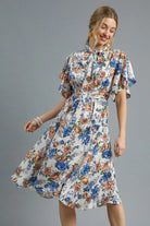 Umgee Royal Blue Flutter Sleeve Bow Tie Floral Midi Dress Royal Blue