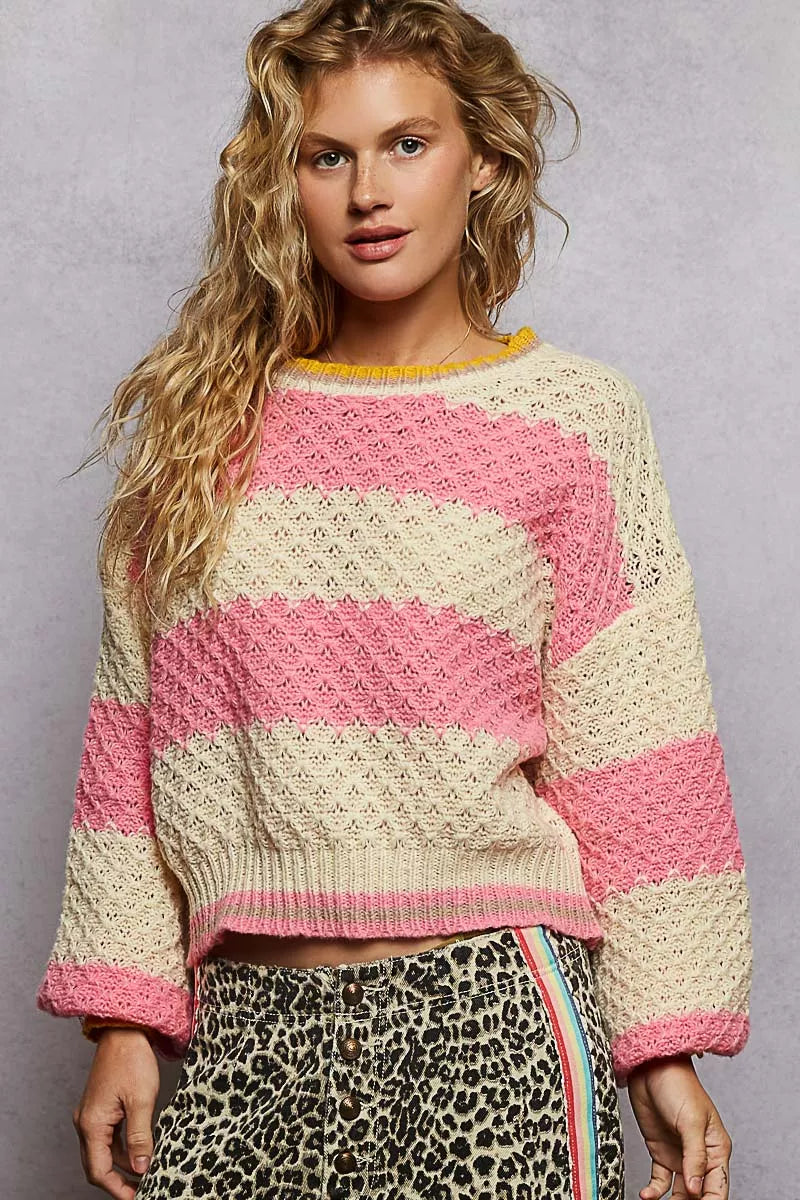 POL Pink Stripe Contrast Striped Round Neck Sweater with Textured Cable Knit Pattern PINK STRIPE
