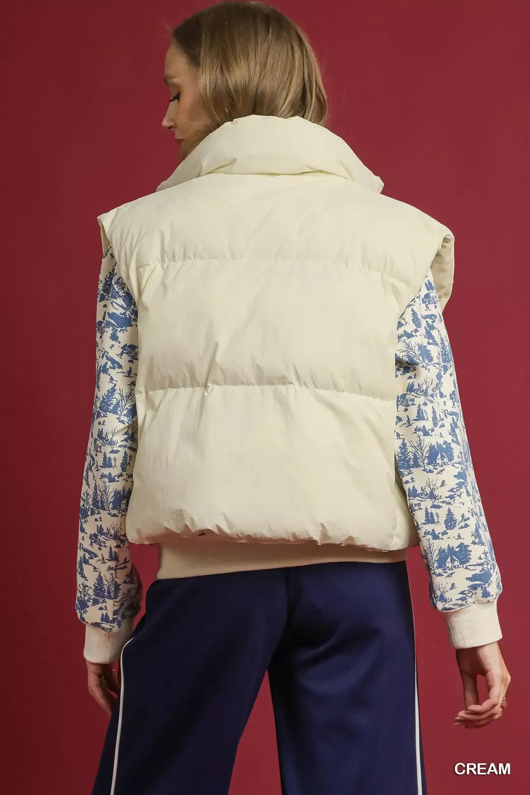 Umgee Cream High Neck Puffer Vest with Zip Front