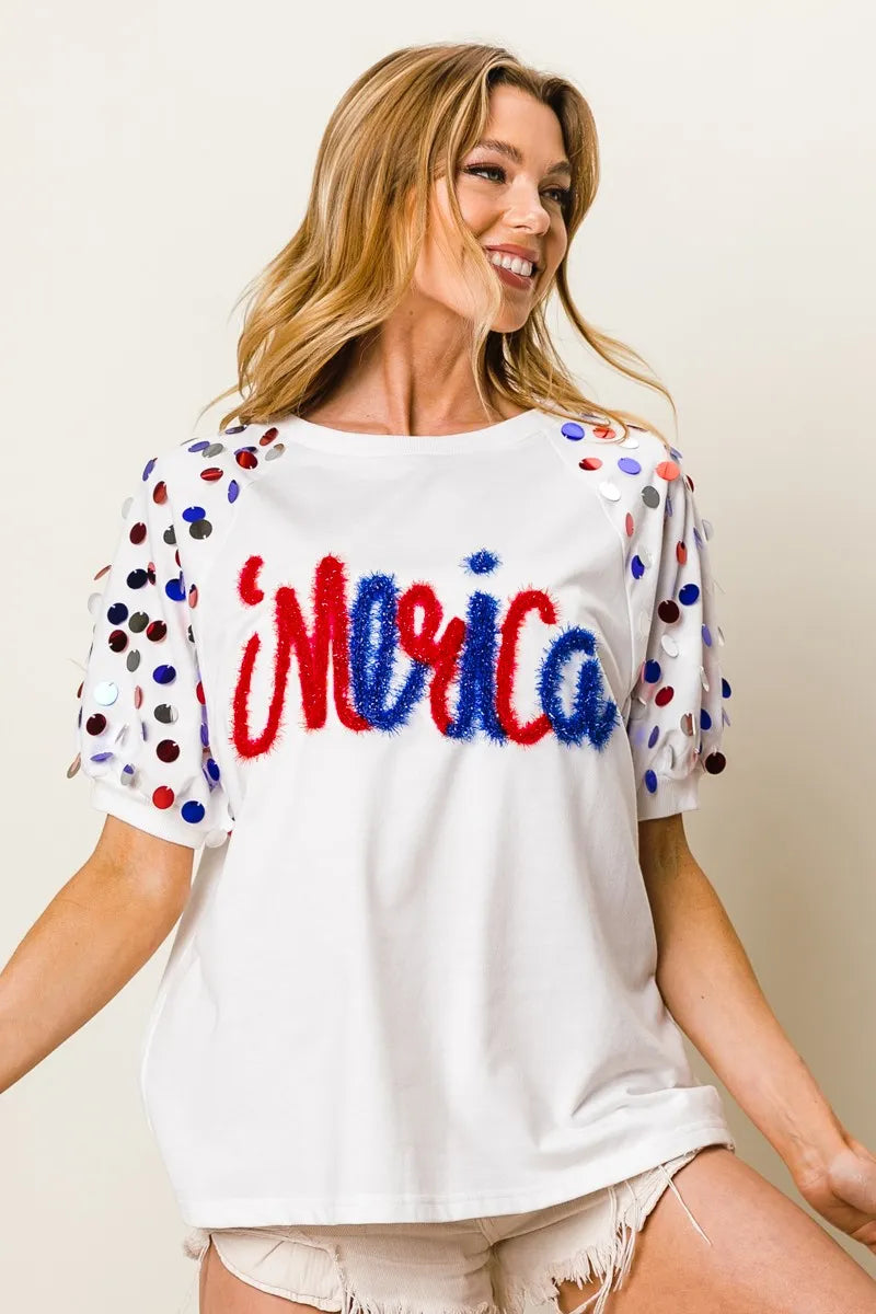 BiBi Metallic Letter Spangle Raglan Puff Sleeve Top OFF WHITE