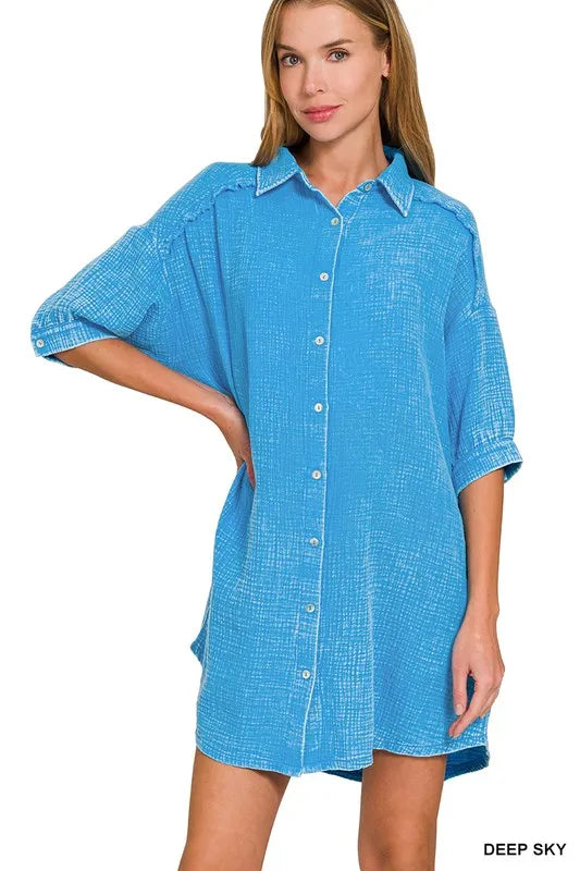 Zenana Deep Sky Washed Double Gauze Button Down Shirt Dress DEEP SKY
