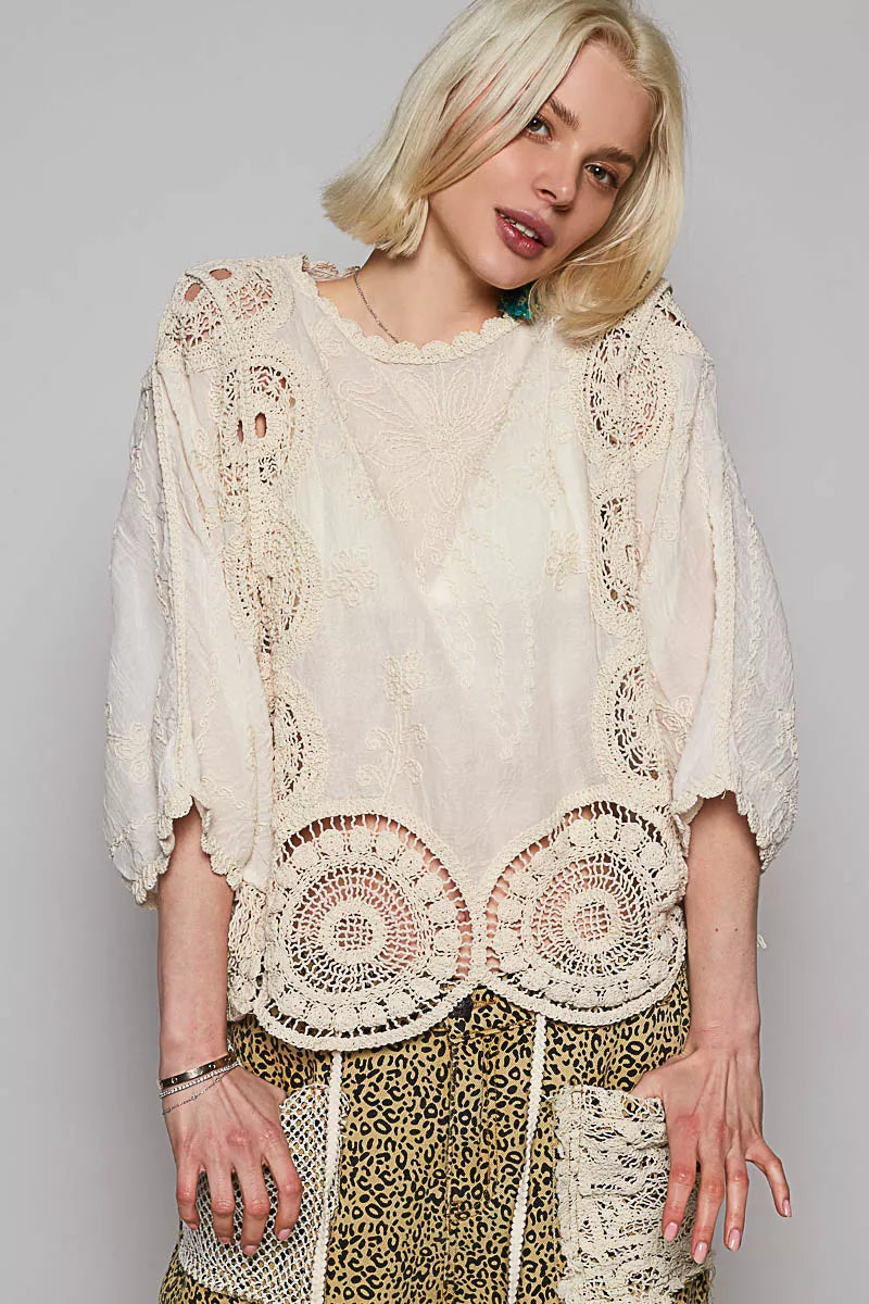 POL Natural Round Neck Crochet Top with Floral Embroidery Detail