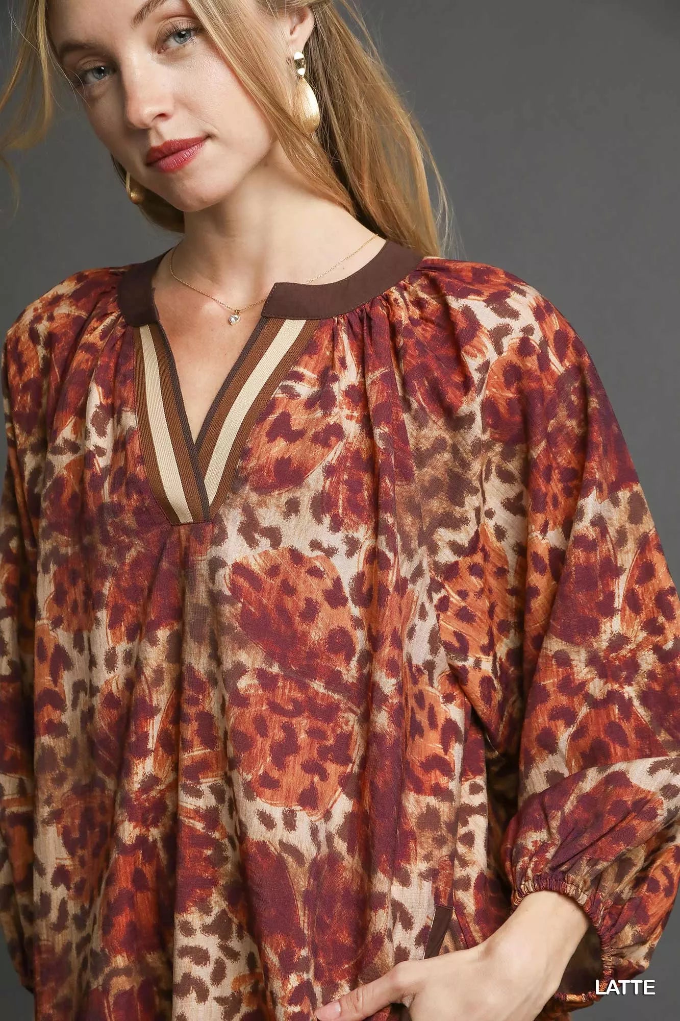 Umgee Latte Animal Print Boho Tunic Dress with Contrast Trim Detail