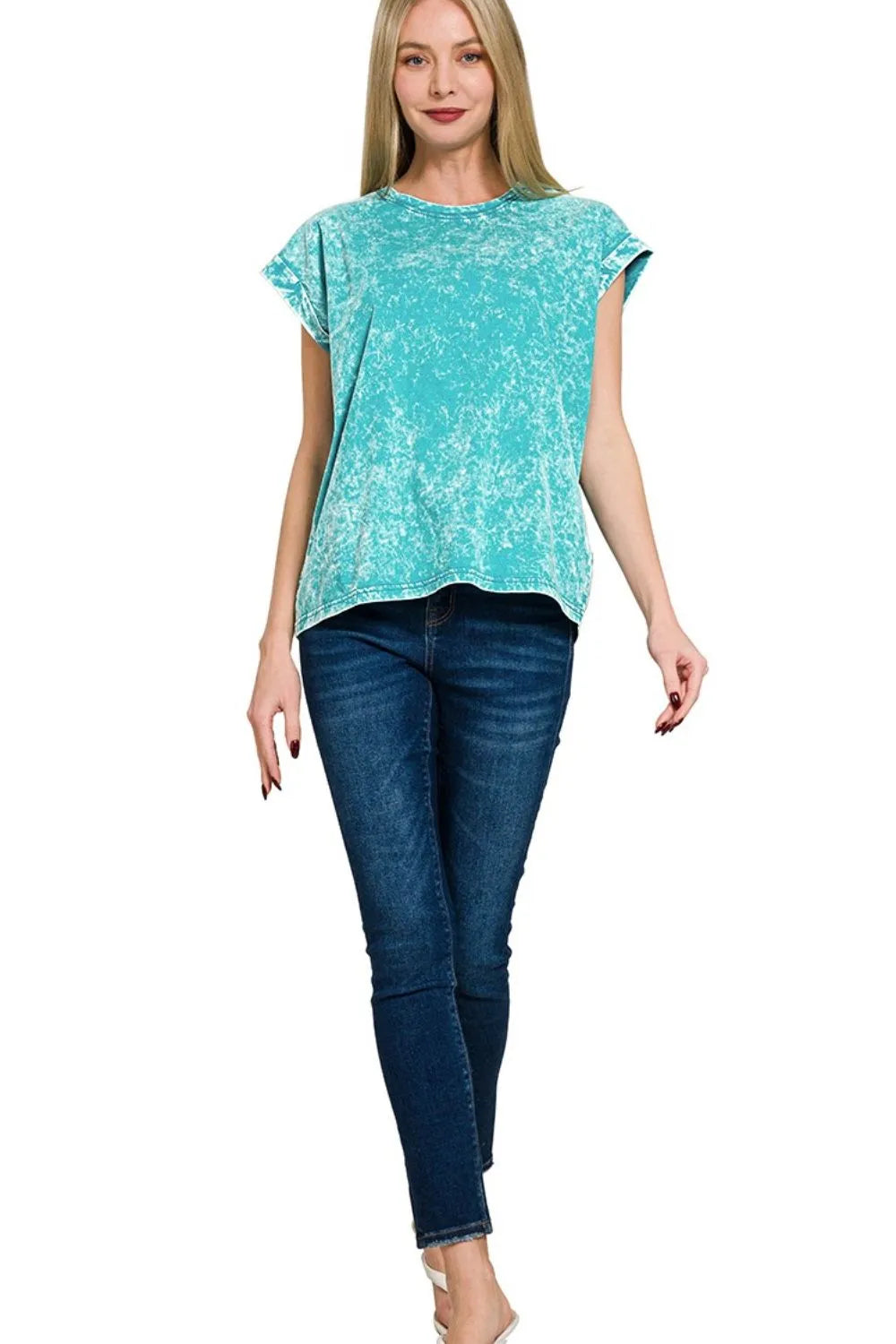 Zenana Light Teal Crinkle Washed Round Neck Folded Short Sleeve Tee