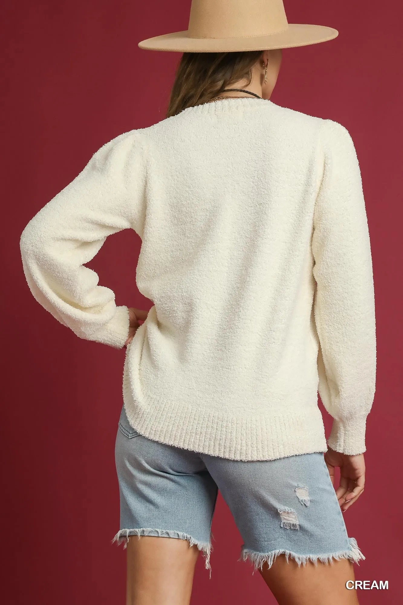 Umgee Cream Cozy Textured Sweater with Balloon Sleeves