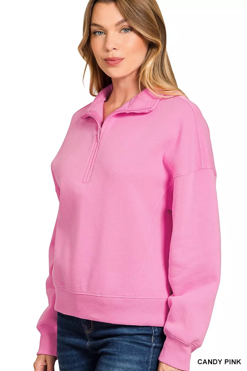 Zenana Candy Pink Fleece High Neck Half Zip Sweatshirt
