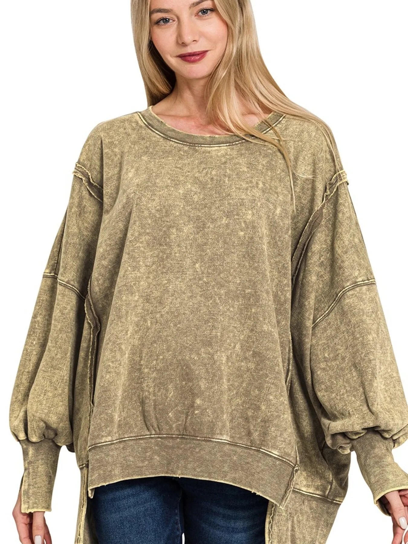 Zenana Mocha Acid Wash Exposed-Seam High Low Sweatshirt MOCHA
