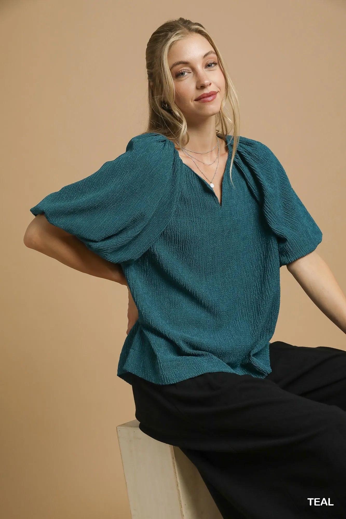Umgee Teal Textured Flutter Sleeve Notch Neck Top