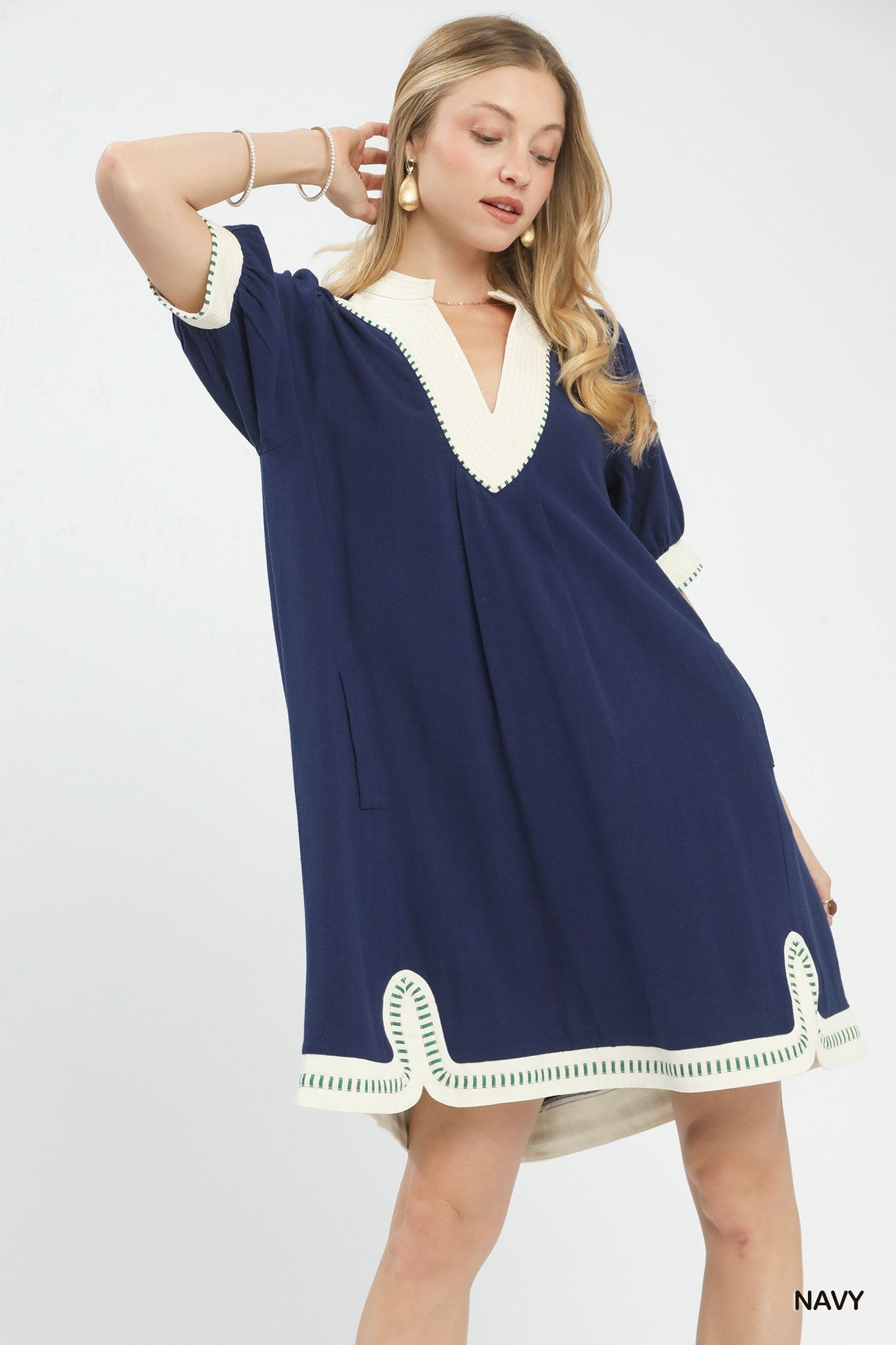 Umgee Navy Linen Contrast Trim Midi Dress