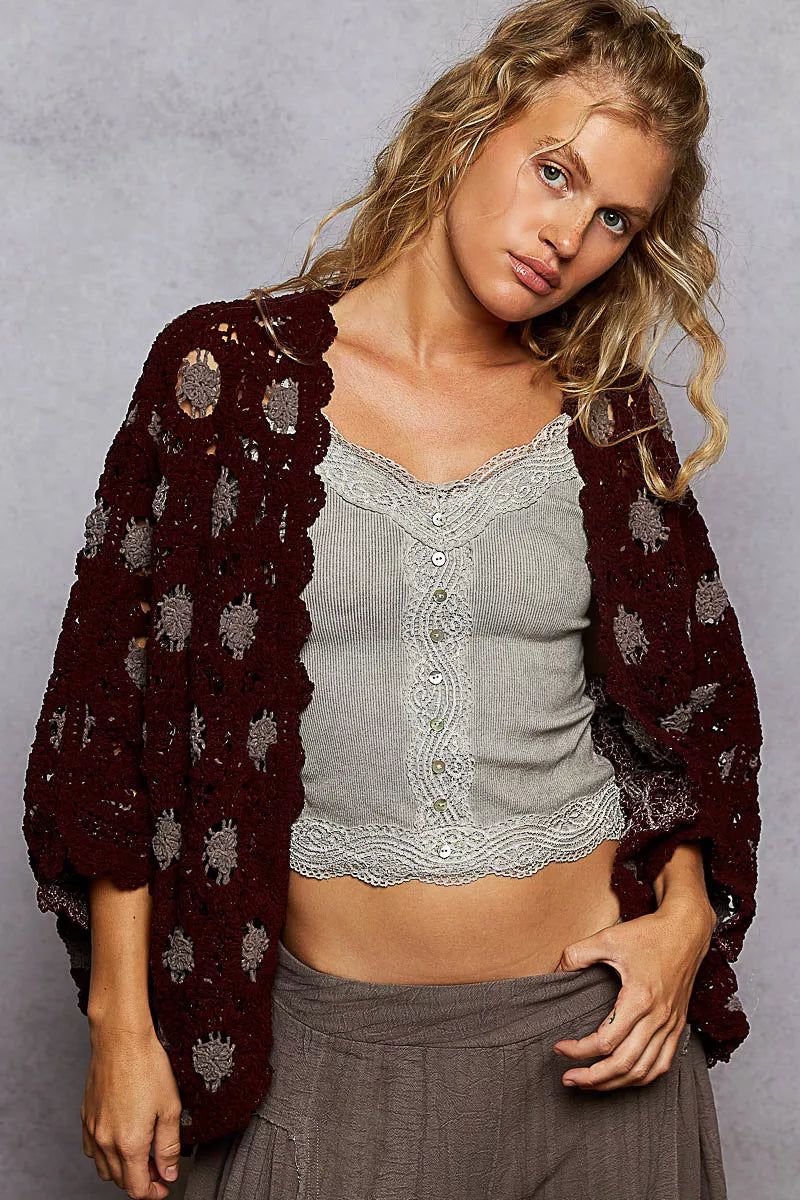POL Burgundy & Gray Openwork V-Neck Chenille Cardigan with Contrast Floral