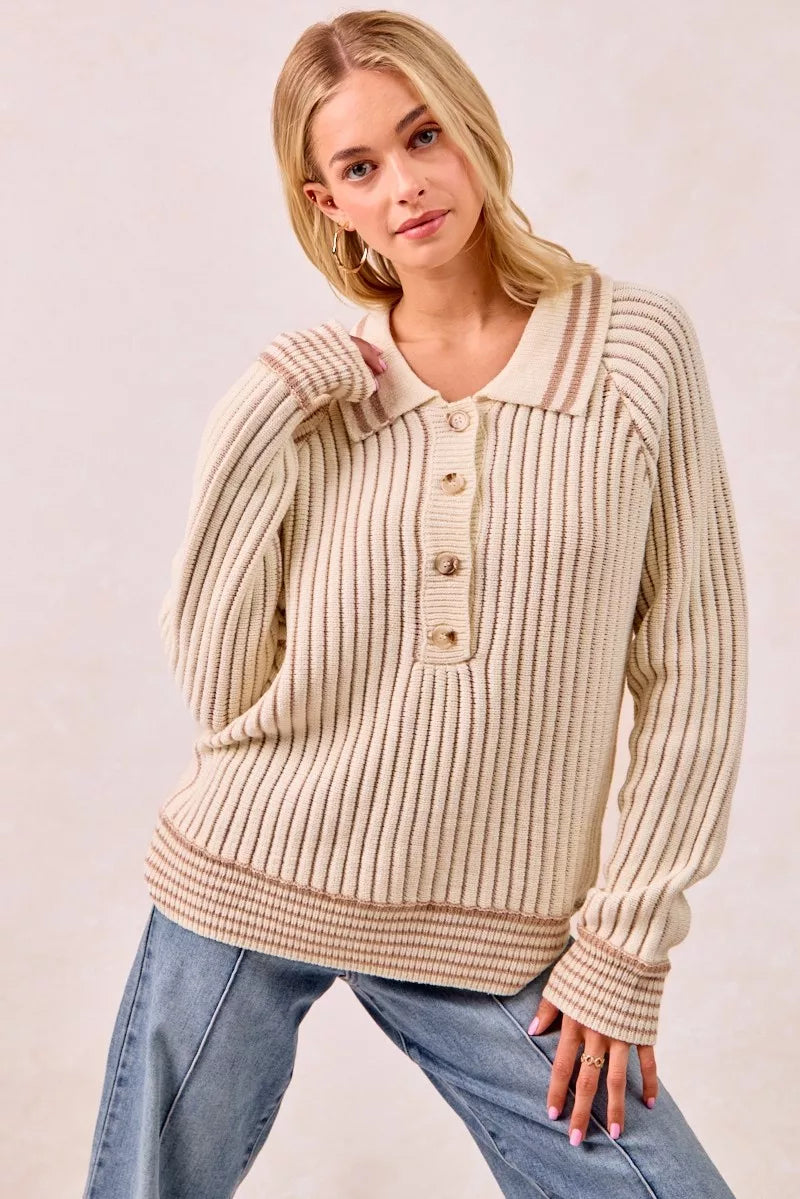 BiBi Cream & Latte Half Button Ribbed Two Tone Sweater