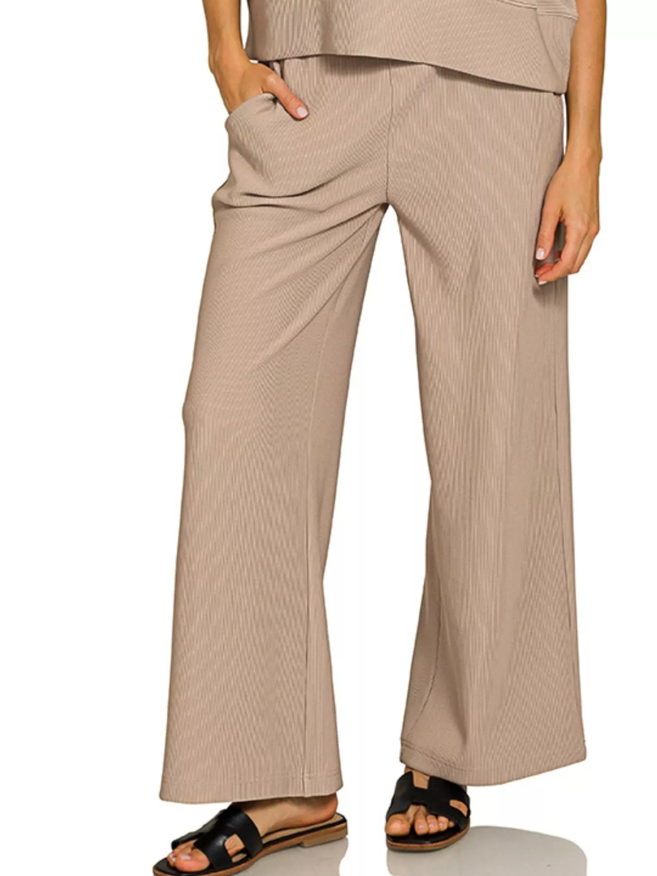 Zenana Ash Mocha Ribbed Round Neck Tee & Pants Set