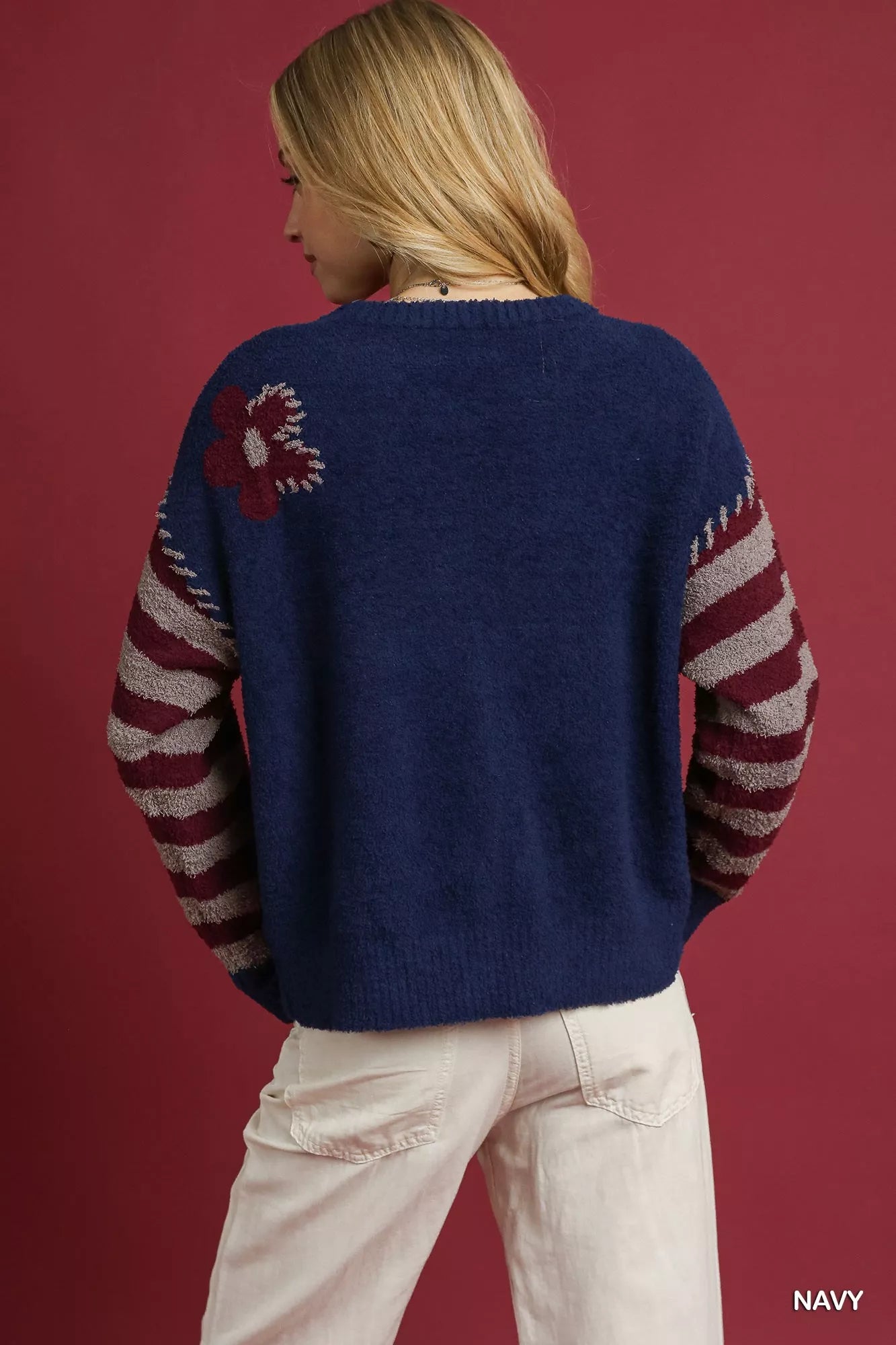 Umgee Navy Flower Jacquard Striped Long Sleeve Sweater