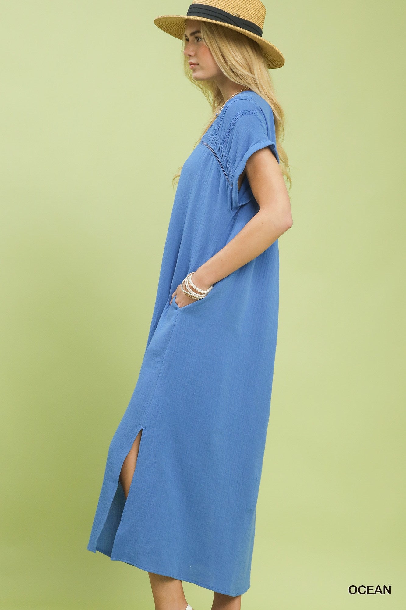 Umgee Ocean Button-Front Gauze Midi Dress with Lace Detail