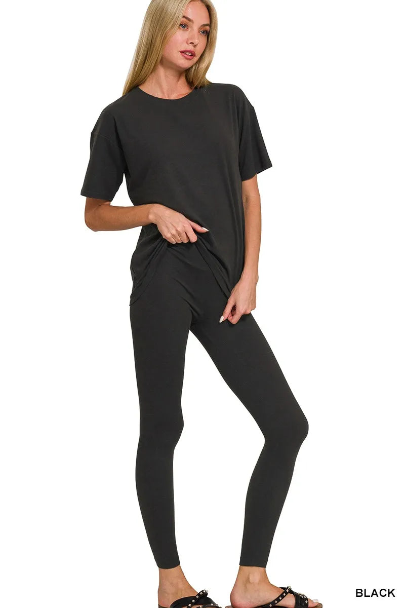 Zenana Black Brushed DTY Microfiber Short Sleeve Top and Pants Loungewear Set
