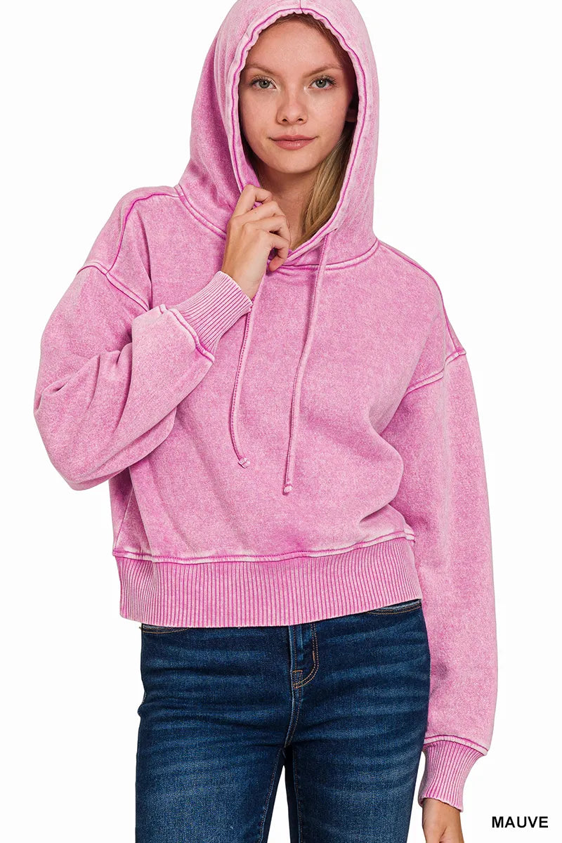 Zenana Mauve Acid Wash Fleece Drawstring Cropped Hoodie