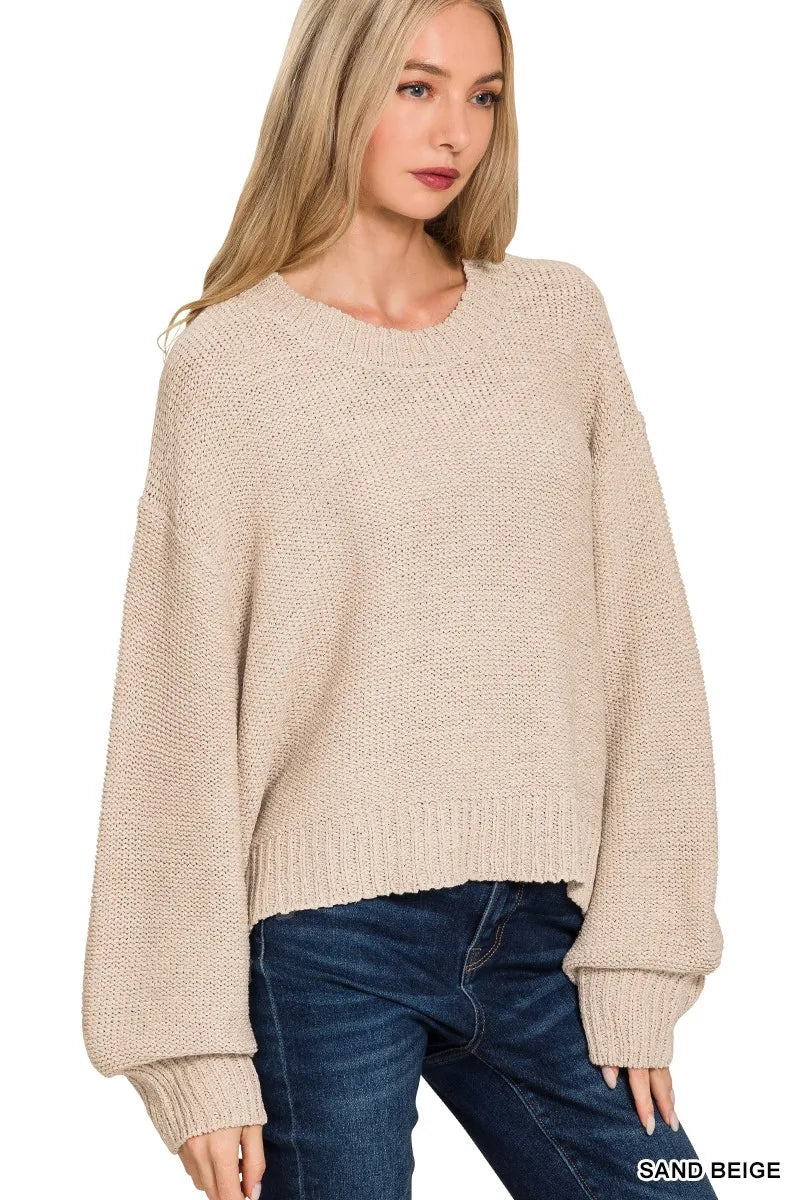 Zenana Sand Beige Oversized Balloon Sleeve Sweater
