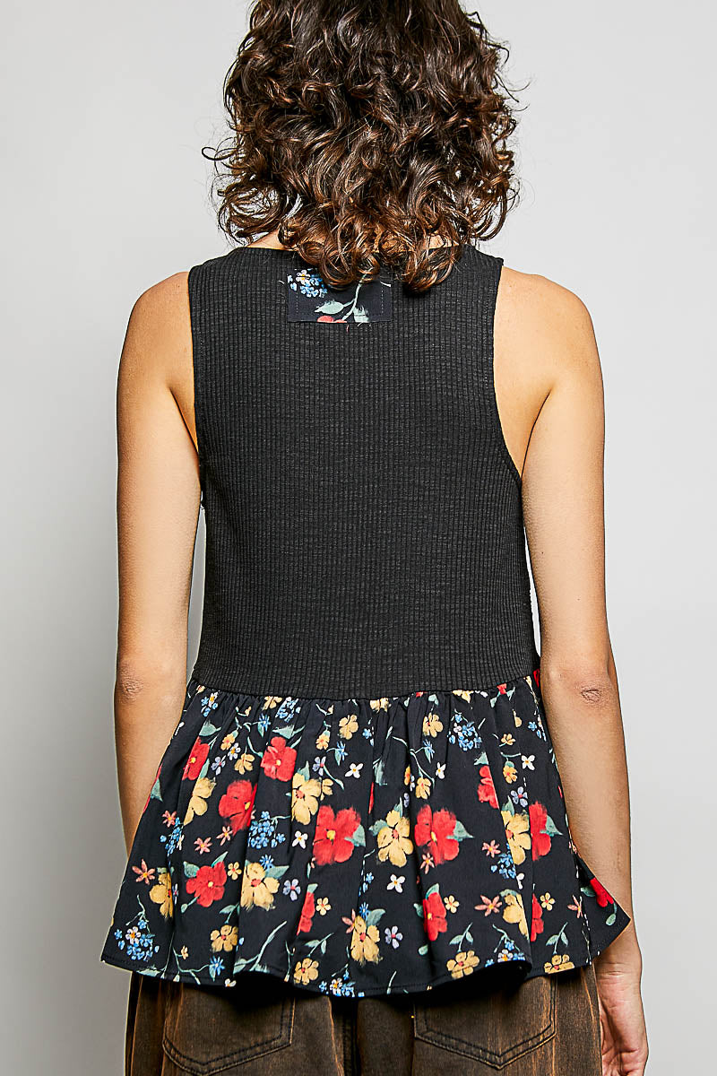 POL Black Ribbed Sleeveless Top with Lace Bust Floral Woven Patch