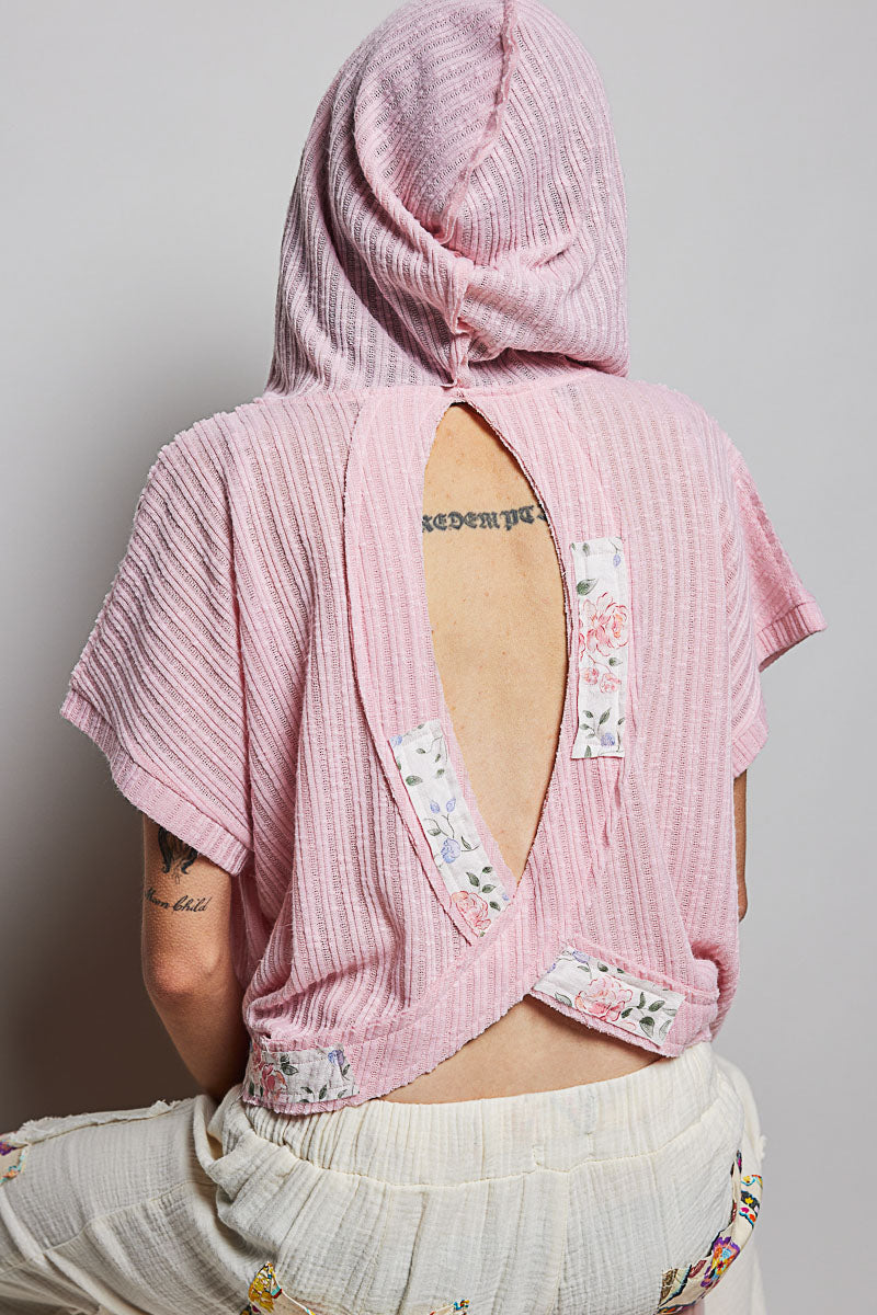 POL Short Sleeve Hooded Top with Back-Open & Pearl Details