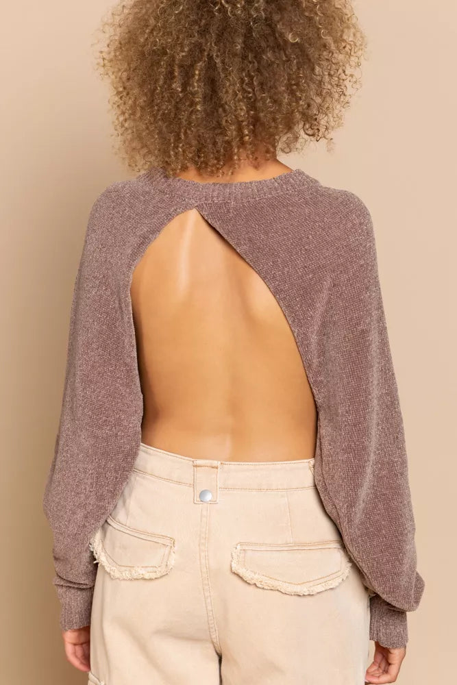 POL Chocolate Round Neck Backless Sweater with Ribbed Edge