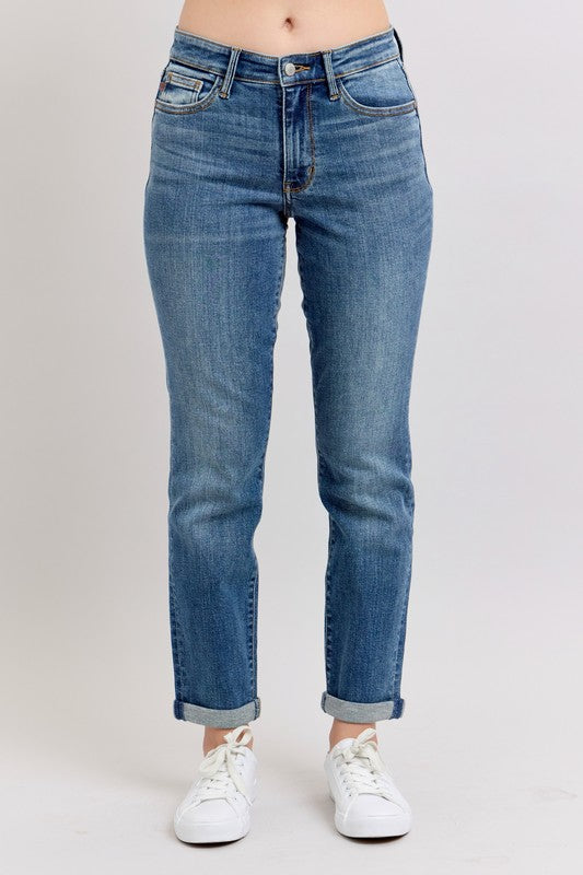 Judy Blue Dark Washed Mid Rise Skinny Cuff Jeans with Pockets Dark