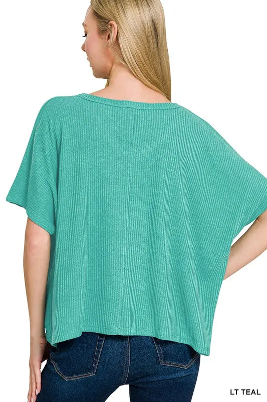 Zenana Light Teal Ribbed V-Neck Short-Sleeve Knit Top