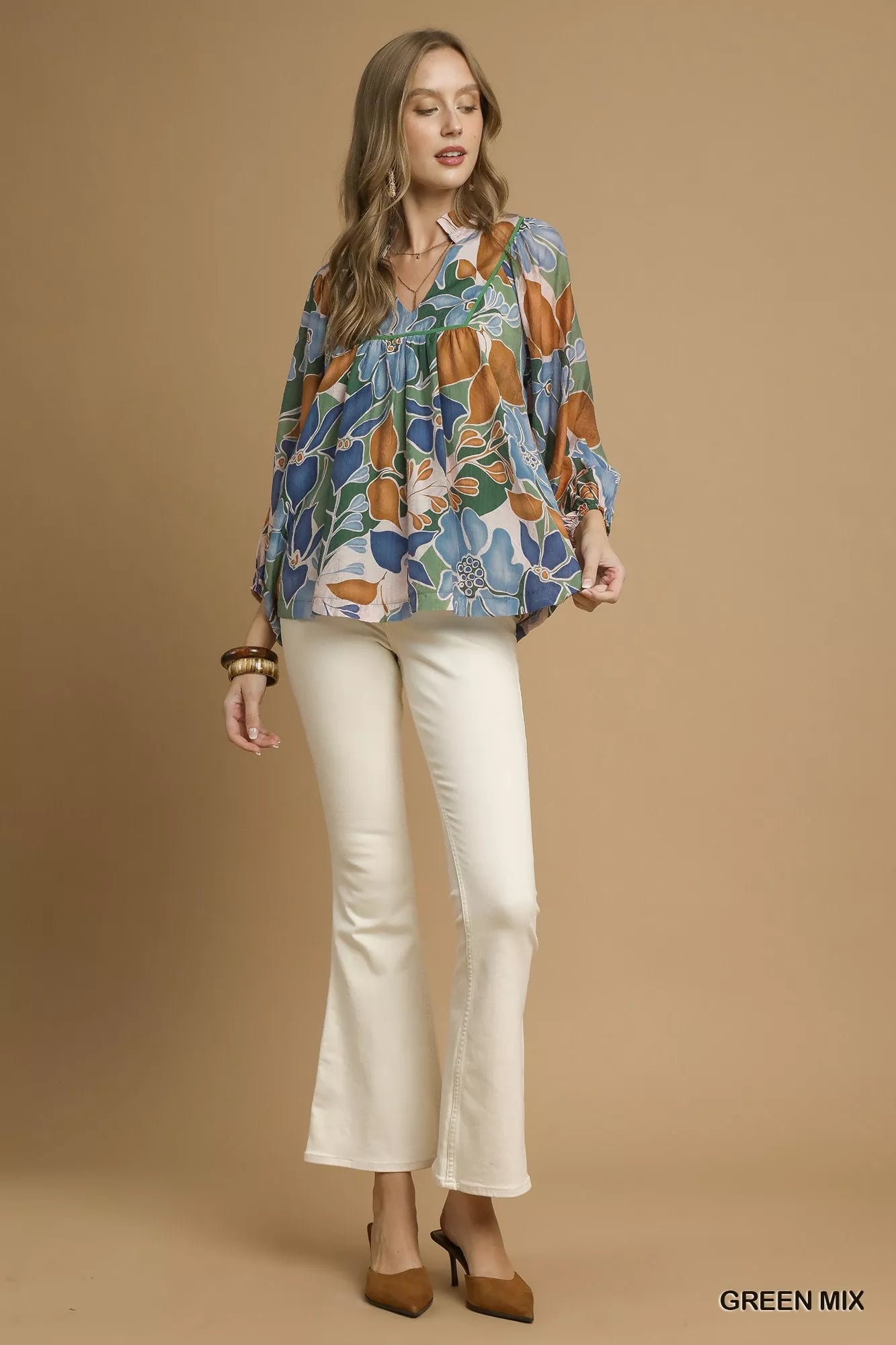 Umgee Green Mix Multicolor Abstract Floral Print Blouse with Ruffle Neck