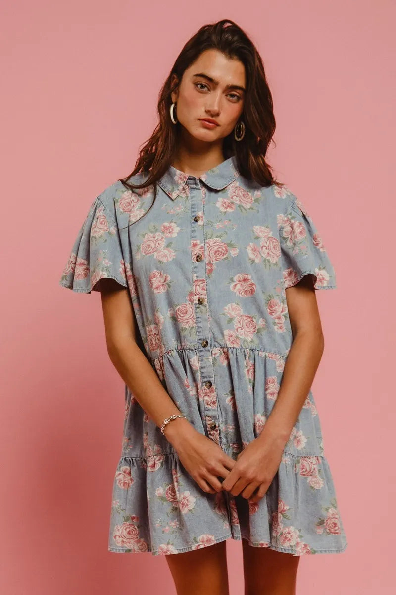 BiBi Floral Print Washed Lightweight Tiered Shirt Dress