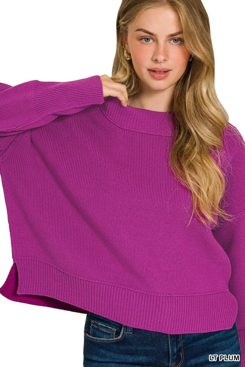 Zenana Light Plum Wide Neck Band Drop Shoulder Sweater