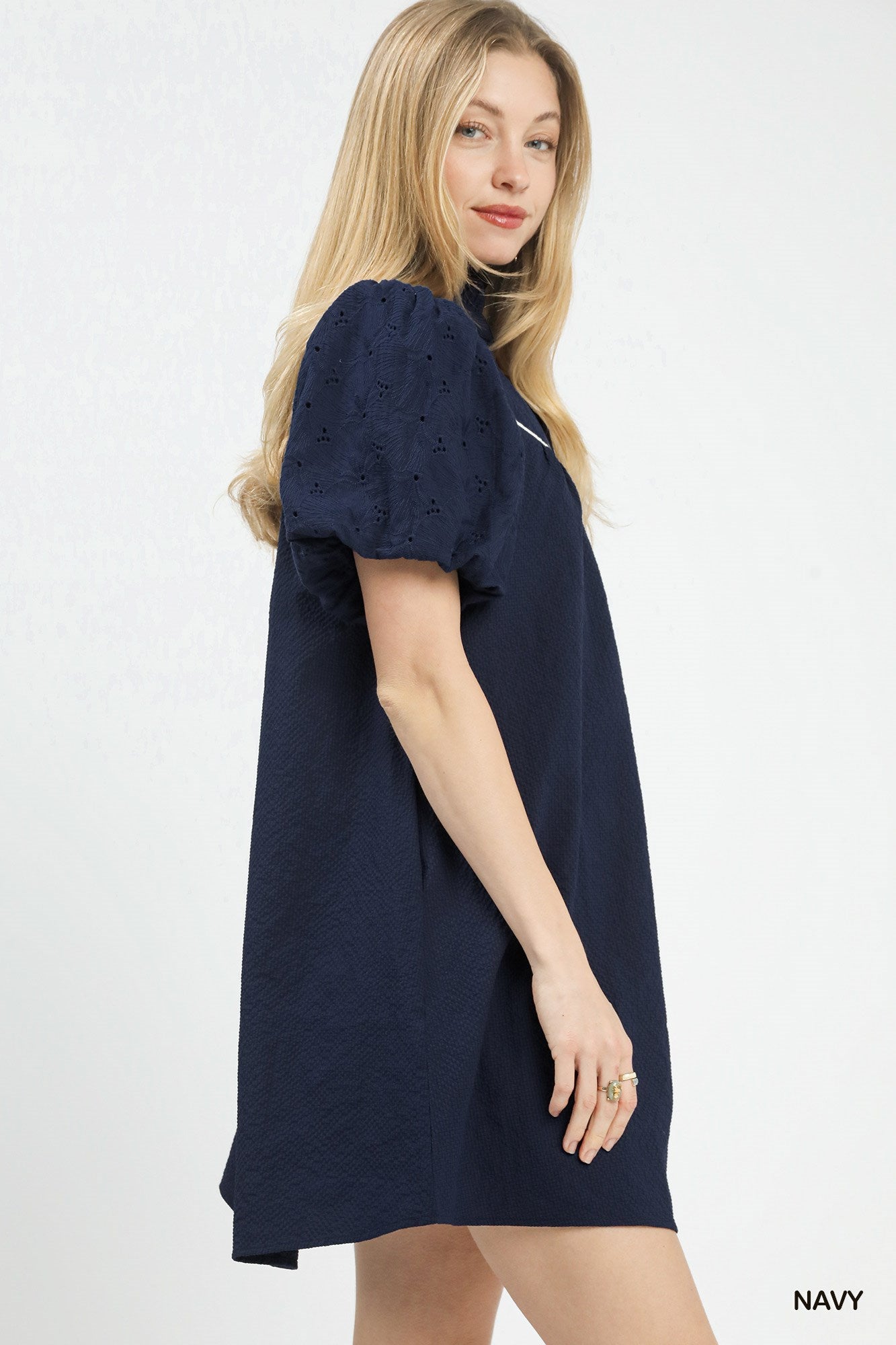 Umgee Navy Puff Sleeve Textured Babydoll Dress