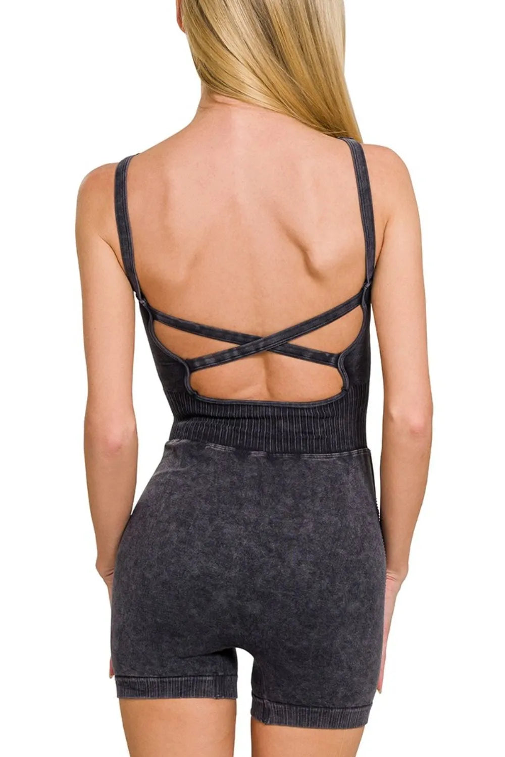 Zenana Black Washed Sports Romper With Removable Bra Pad