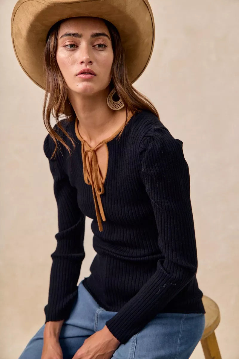 BiBi Black & Camel Ribbed Contrast Front Tied Top with Shrried