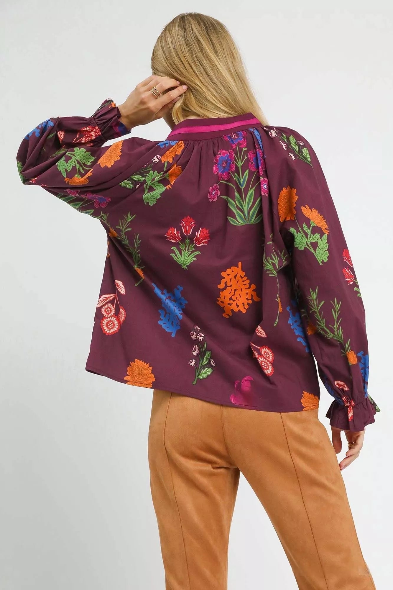 Umgee Burgundy Mix Floral Print Flounce Sleeve Blouse