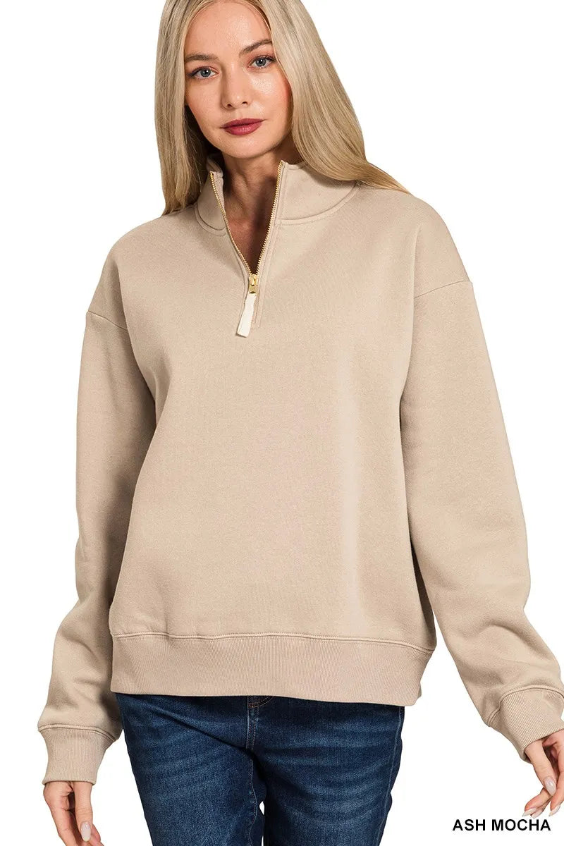 Zenana Ash Mocha Fleece Half Zip Sweatshirt