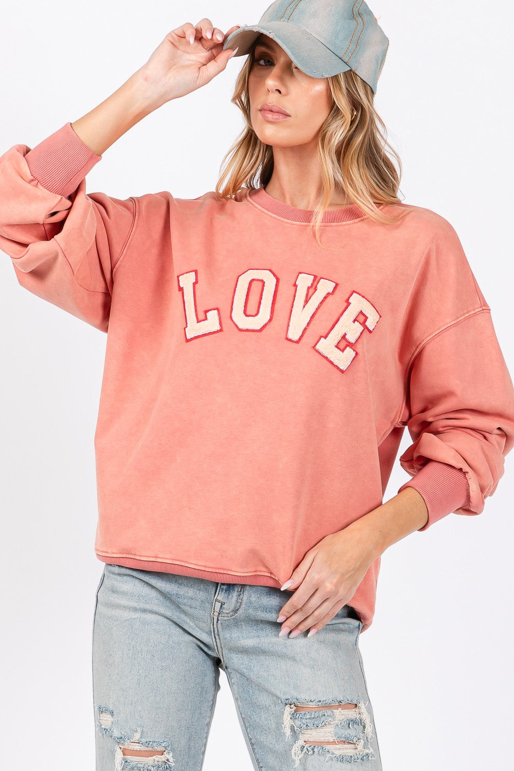 SAGE + FIG Pink Orange LOVE Path Applique Drop Shoulder Sweatshirt Pink Orange Shirts & Tops
