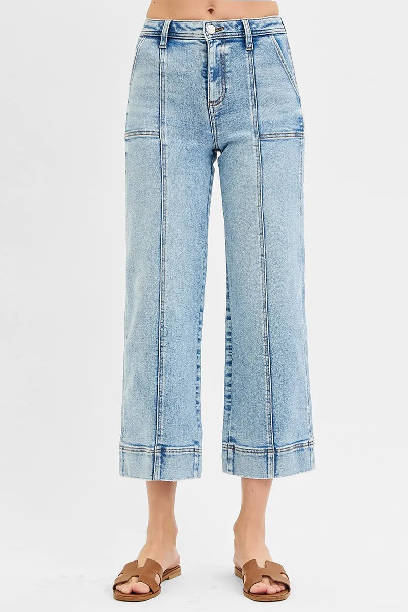 RISEN Light Washed High Rise Crop Wide Front Seam Detailed Jeans LIGHT