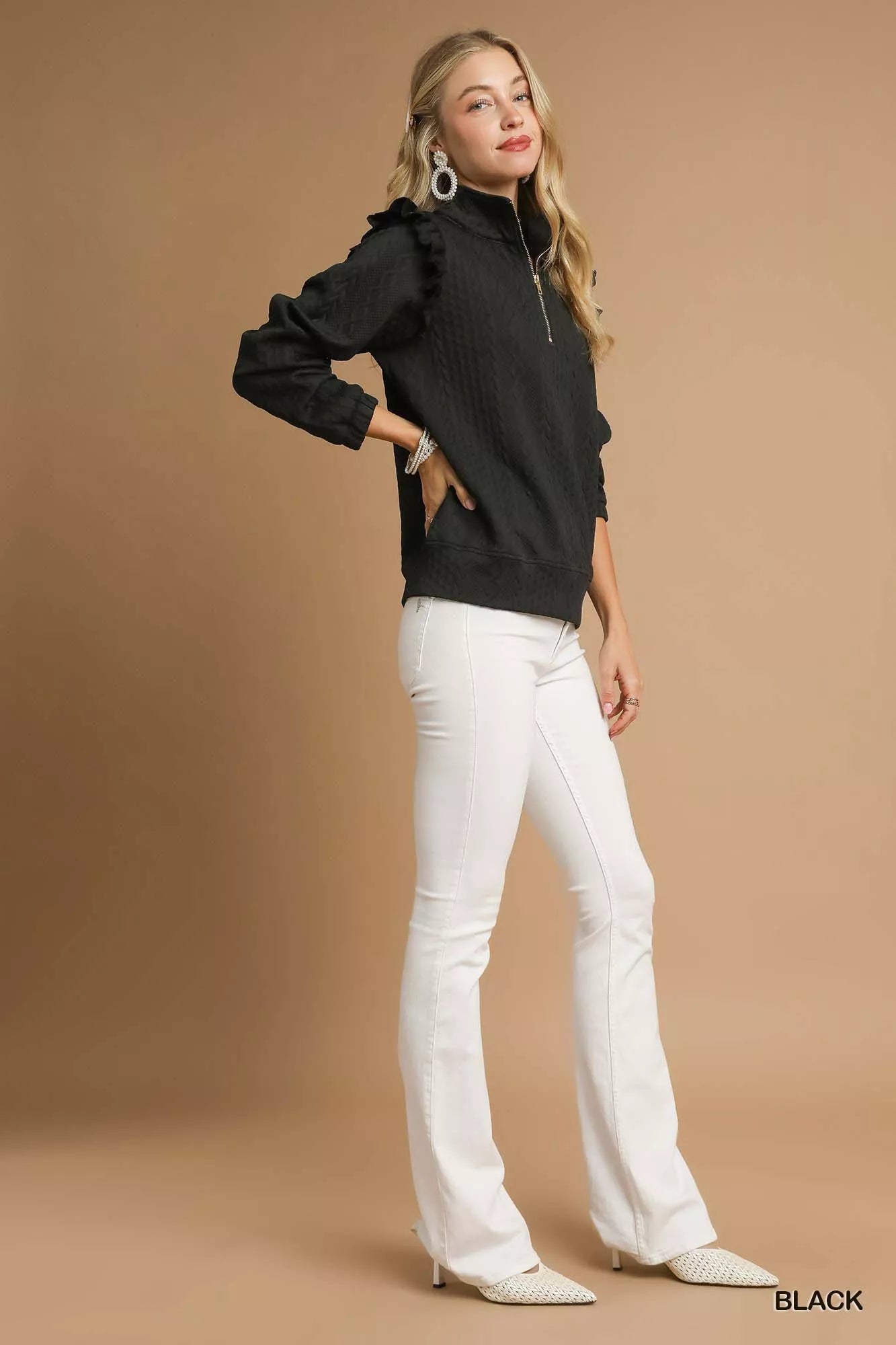 Umgee Black Half-zip Cable Knit Textured Pullover with Ruffle Shoulders
